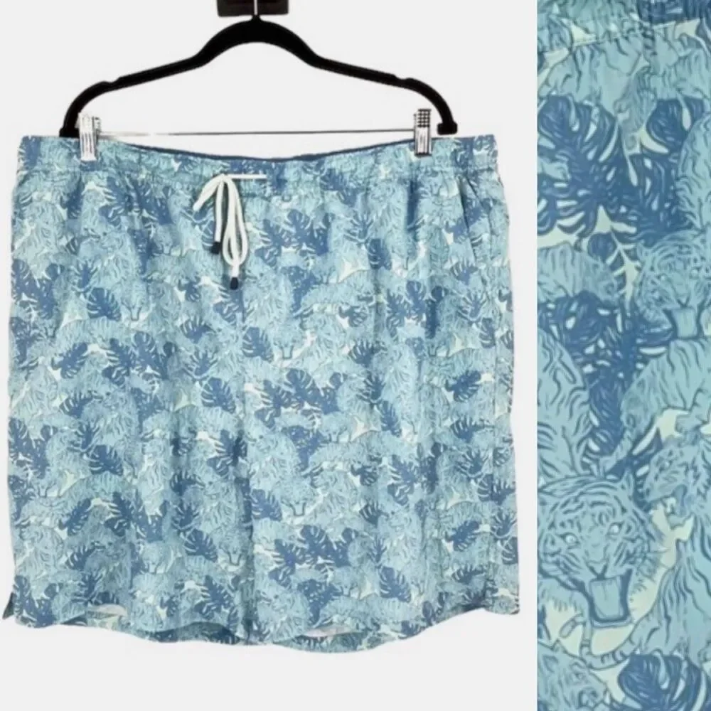 Peter Millar Men's Seascape Tiger Leaf Print Swim Trunk‎ Shorts Blue Size XXL 8”